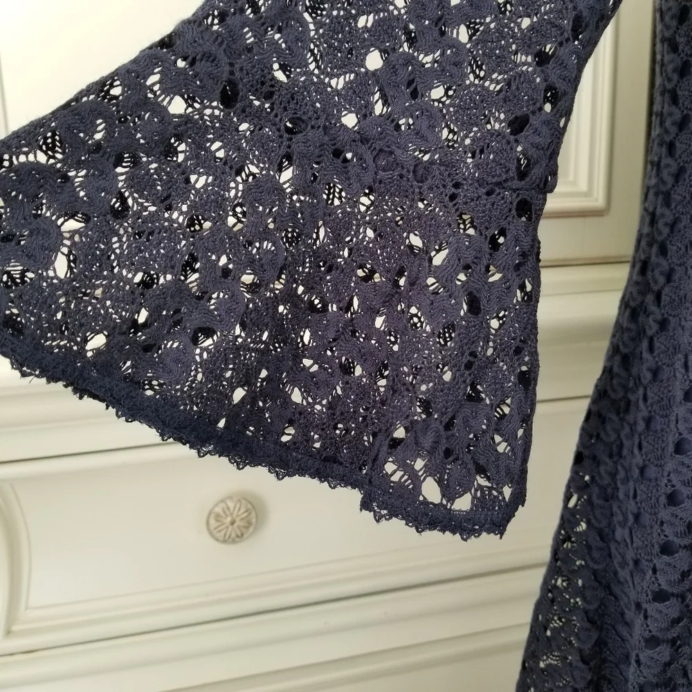 Roz And Ali Blue Crochet Lace 3/4 Bell Sleeve Knee Length Lined Dress 6 NWT